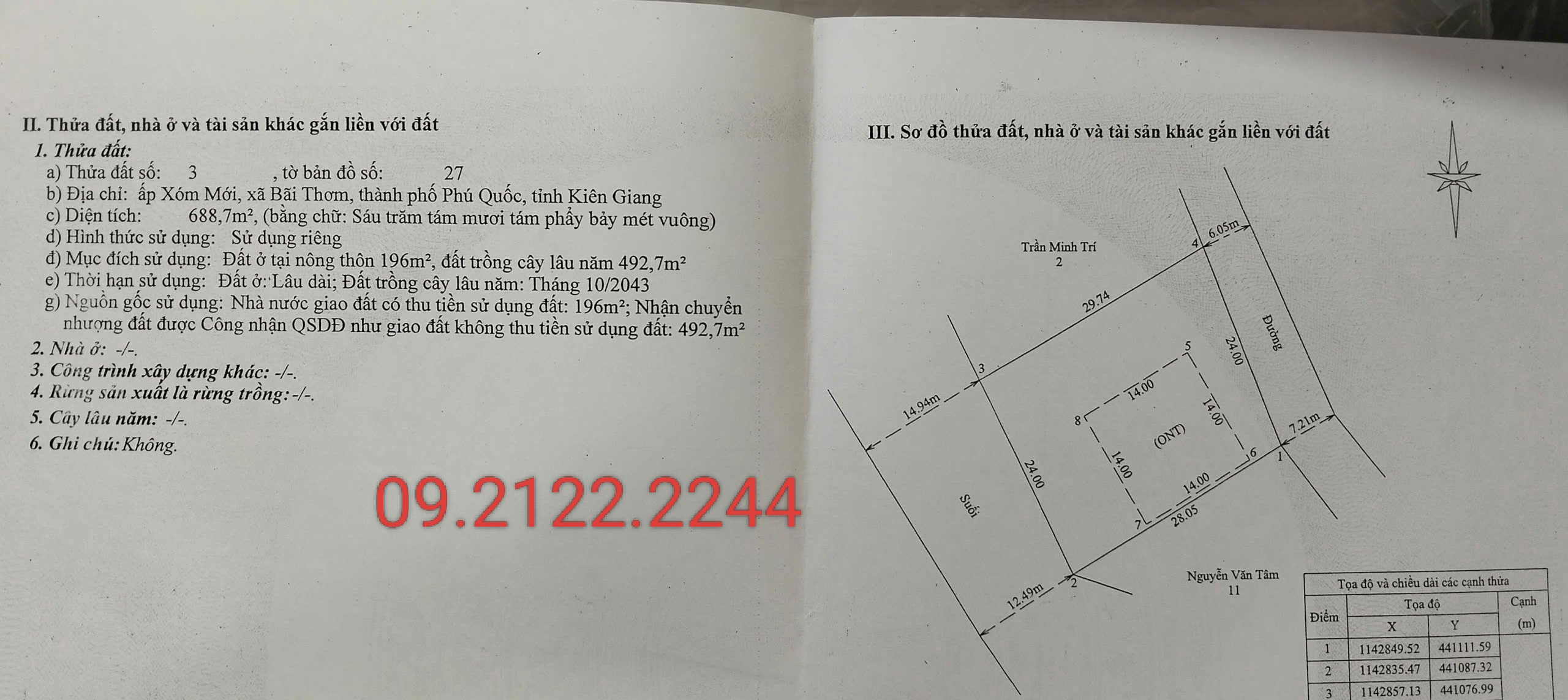 Bán đất 688.7m² Xóm mới Bãi Thơm ngang 24m giá 4 tỷ Đặc khu Phú Quốc