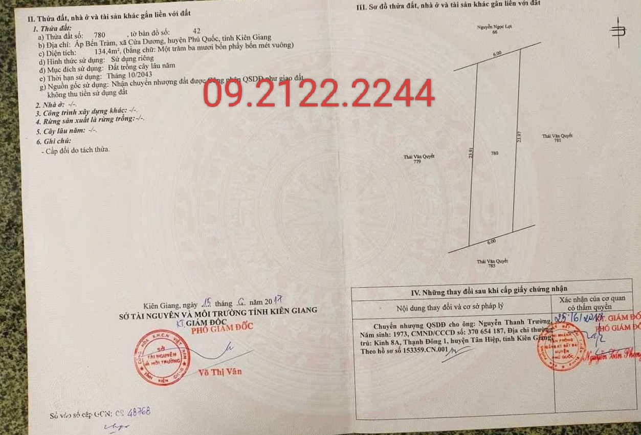 Bán đất 134.4m² ngang 6m Bến Tràm Cửa Dương giá 1 tỷ Đặc khu Phú Quốc