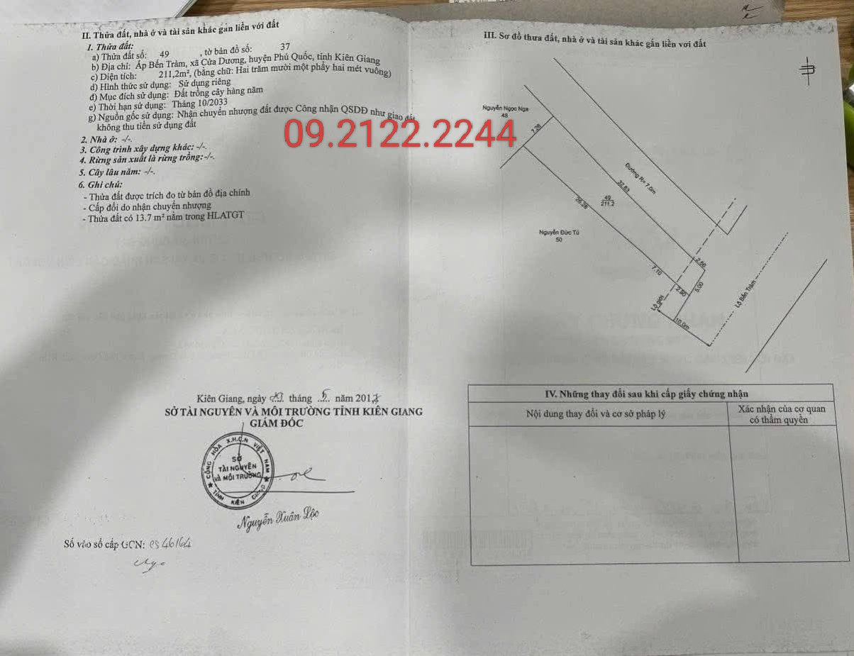 Bán đất 211.2m² Mặt tiền 5m Bến Tràm Cửa Dương giá 1.65 tỷ Đặc khu Phú Quốc