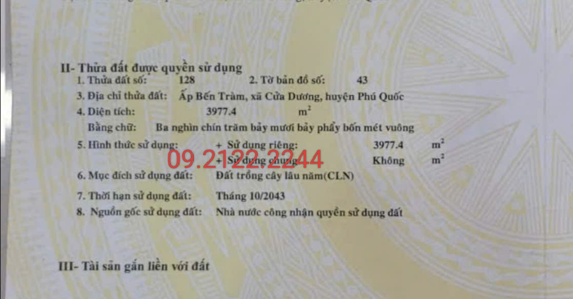 Bán đất 3977.4m² ngang 40m Bến Tràm, Cửa Dương giá 27.85 tỷ Đặc khu Phú Quốc