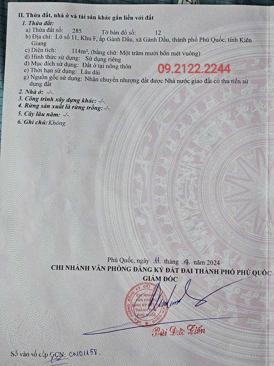 Bán đất 114m² full thổ cư ngang 6m TĐC Gành Dầu giá 2.4 tỷ tại Đặc khu Phú Quốc