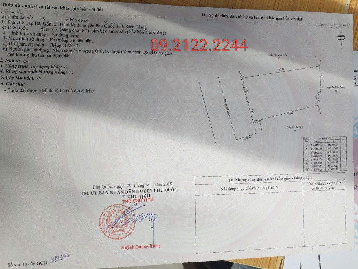 Bán đất 676.4m² ngang 20m Bãi Bổn giá 3.04 tỷ tại Đặc khu Phú Quốc