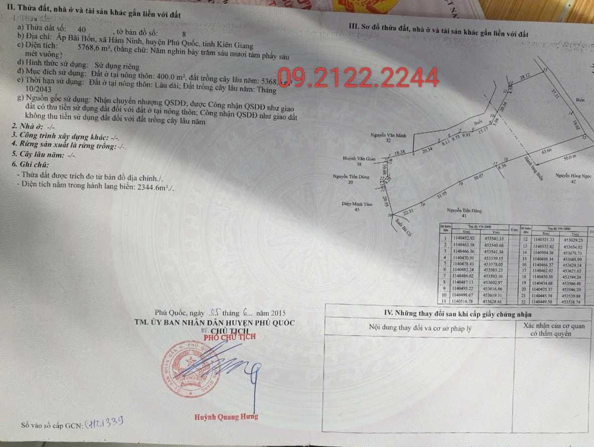 Bán đất 5768.6m² ngang 56m Bãi Bổn giá 25.96 tỷ tại Đặc khu Phú Quốc