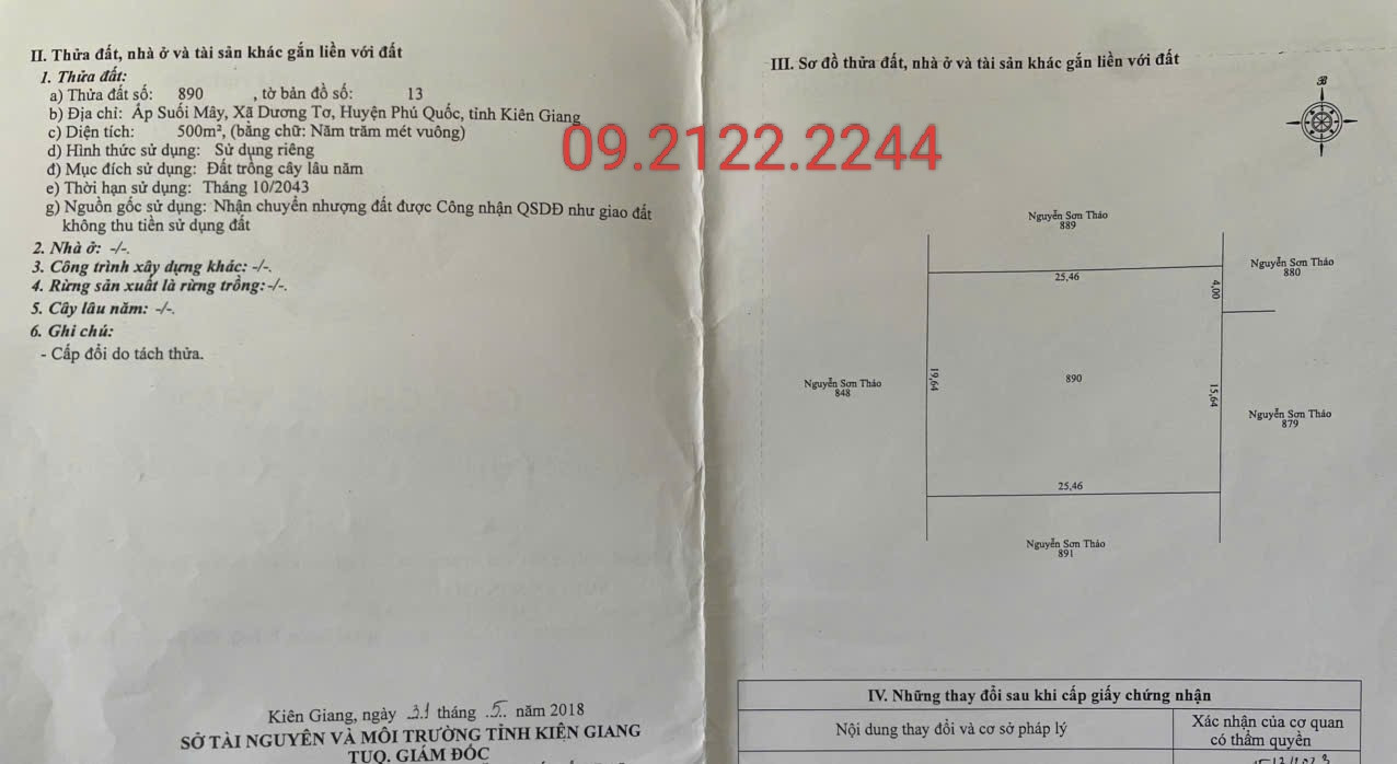 Bán Đất 500m² có 362m² thổ cư, ngang 19.7m Suối Mây giá 5.8 tỷ, tại Đặc khu Phú Quốc, An Giang