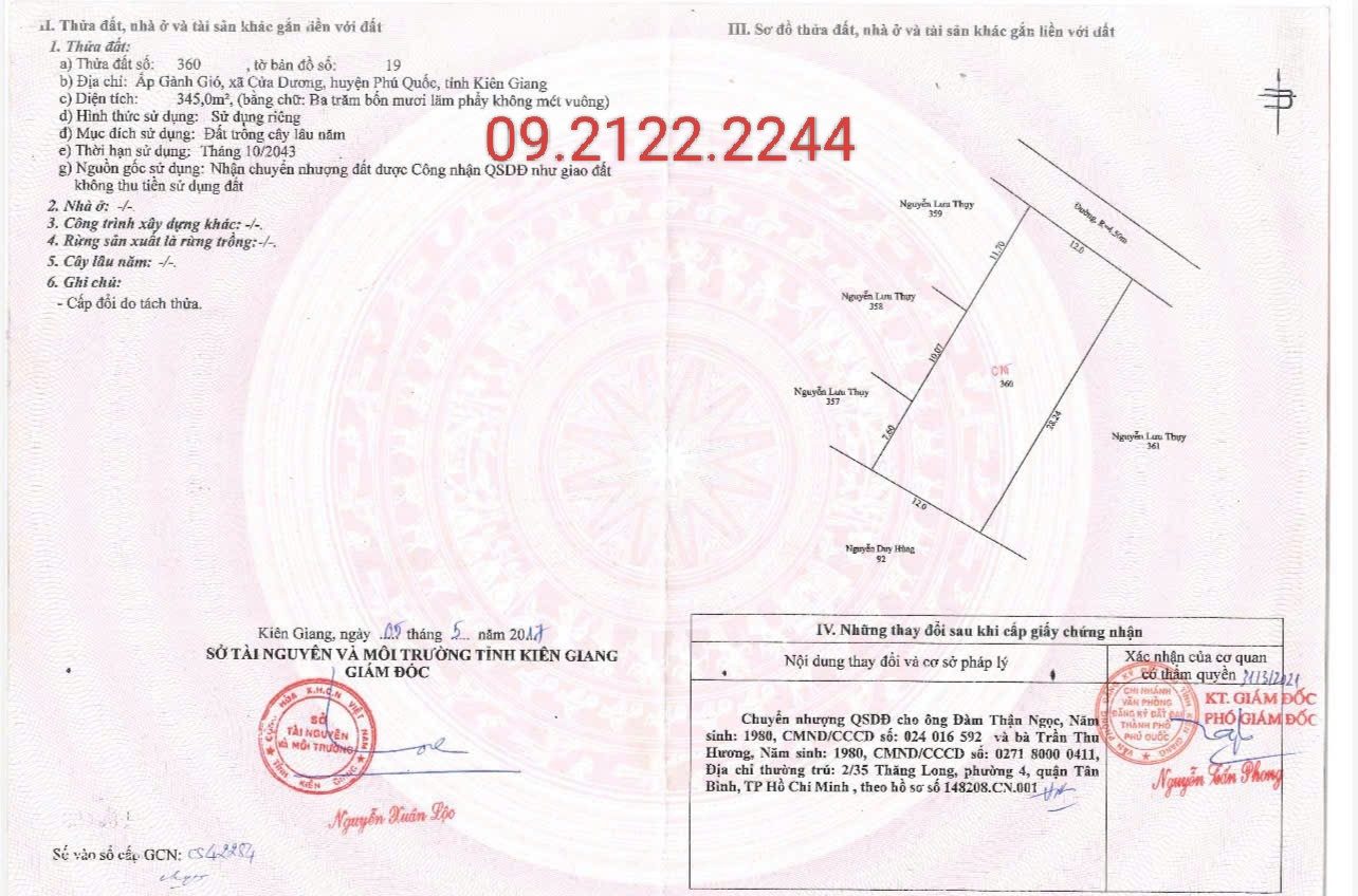 Bán Đất 345m² thổ cư 345m² Búng Gội giá 5 tỷ ngang 12m tại Đặc khu Phú Quốc An Giang