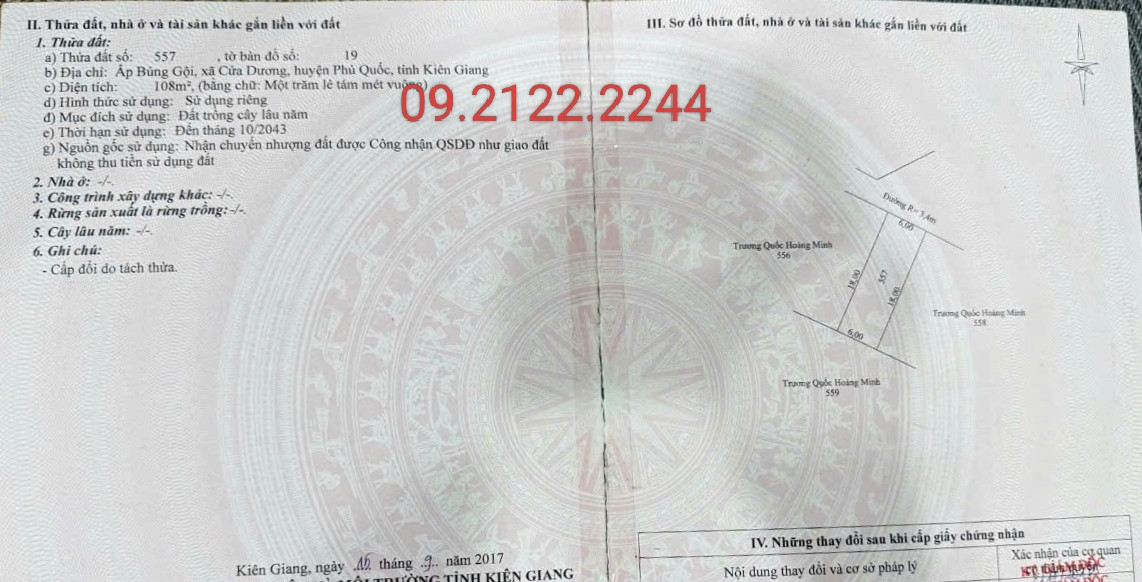 Bán Đất 108m² giá 980 triệu Búng Gội ngang 6m tại Đặc khu Phú Quốc An Giang