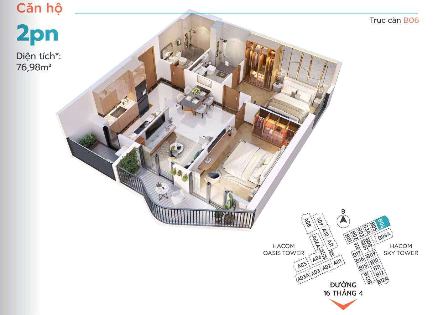 Căn góc 2PN 4⭐ Hacom Tower Nam Khánh Hòa – giá 3 tỷ xx (sở hữu lâu dài)