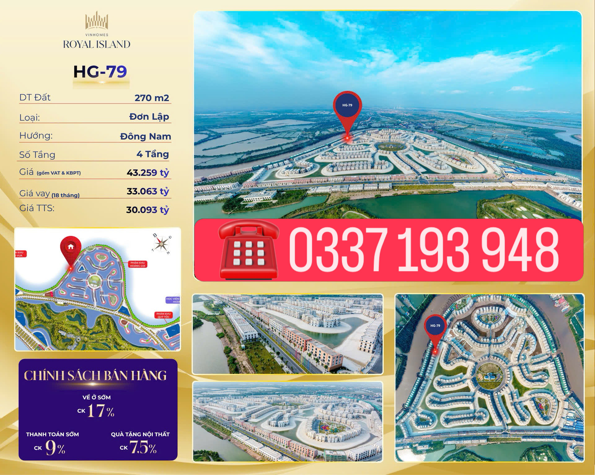 Bán căn dinh thự ven sông 270m2 HG-79 khu Hoàng Gia Vinhomes Vũ Yên Hải Phòng.
