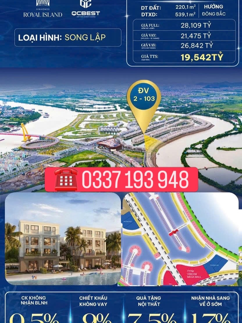 Bán căn biệt thự song lập 220m2 DV2-103 khu Đảo Vua Vinhomes Vũ Yên Hải Phòng.