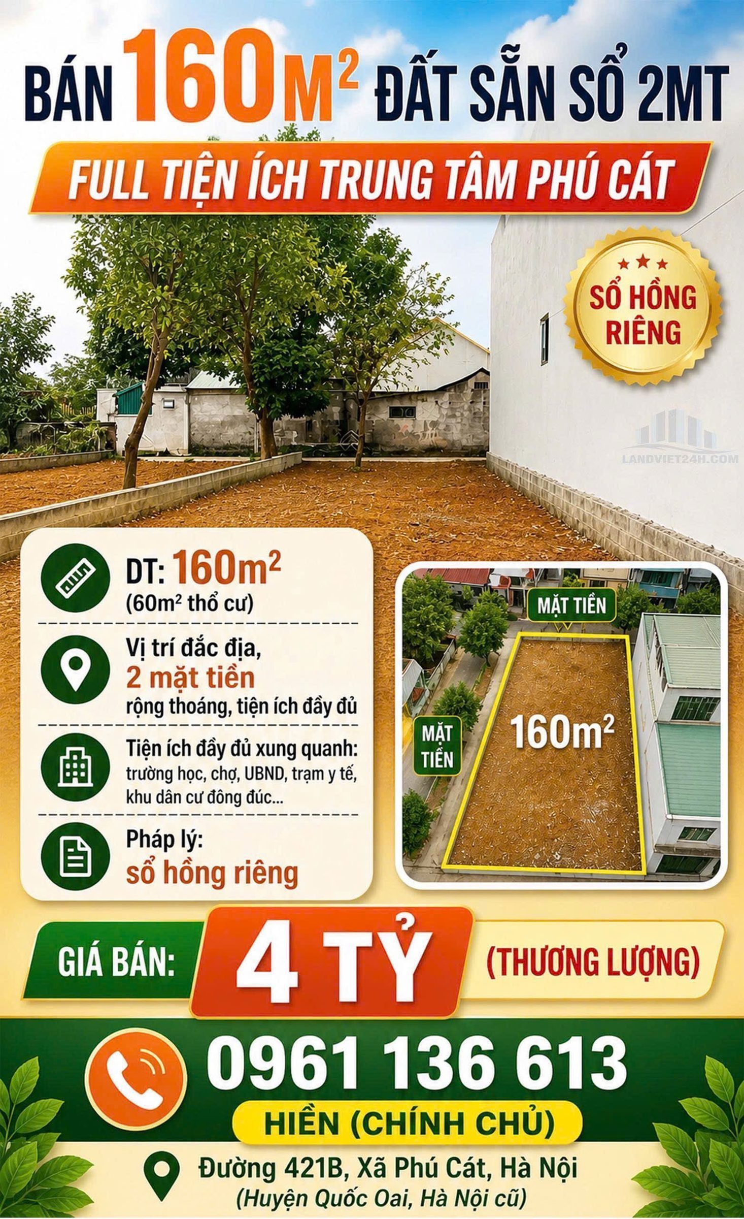 Chính chủ cần bán 160m2 sẵn sổ hồng tại Đông Hạ,xã Phú Cát Hà Nội.2 mặt tiền đường thông thoáng 2 ô tô tránh nhau thoải mái,Cách viện Nhi TW 2 2km. Phù hợp với các anh chị khu vực Hà Đông ,Hà Nội cần tìm đất rộng xây nhà ở tiện đi làm,tiện sinh hoạt,cách 