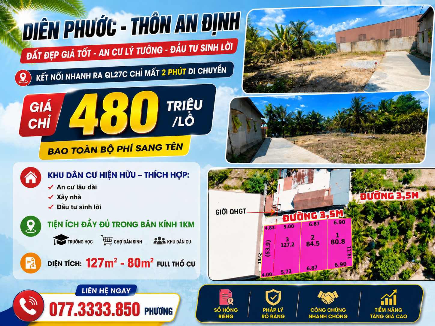 MỞ BÁN 3 LÔ DIÊN PHƯỚC - THÔN AN ĐỊNH - 480TR/LÔ