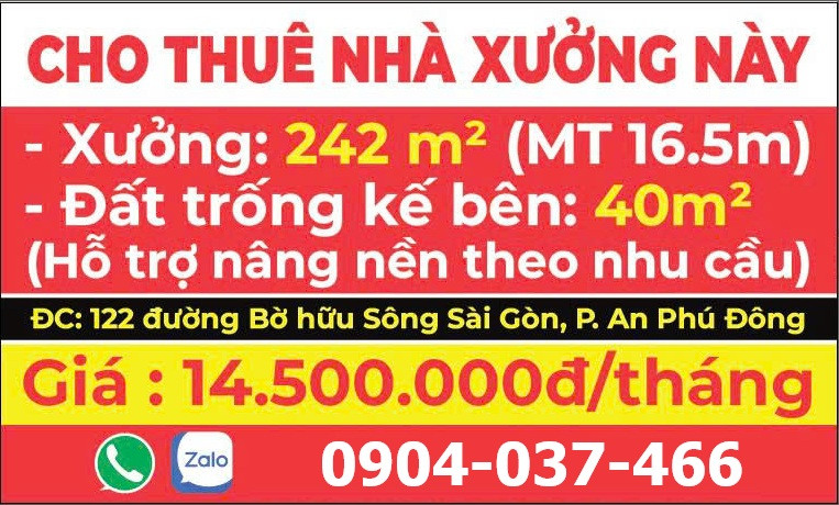 cho thuê nhà xưởng mặt tiền đường bờ hữu sông sài gòn, diện tích 282m2, giá chỉ 14.500.000đ/tháng