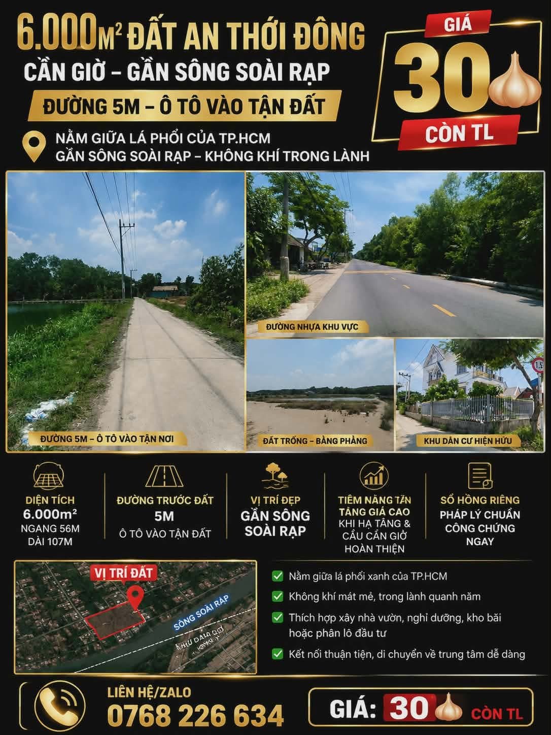 6.000M² ĐẤT AN THỚI ĐÔNG, CẦN GIỜ. GẦN SÔNG SOÀI RẠP. ĐƯỜNG 5M. 💰30 🧄 CÒN TL. 📱0768 226 634