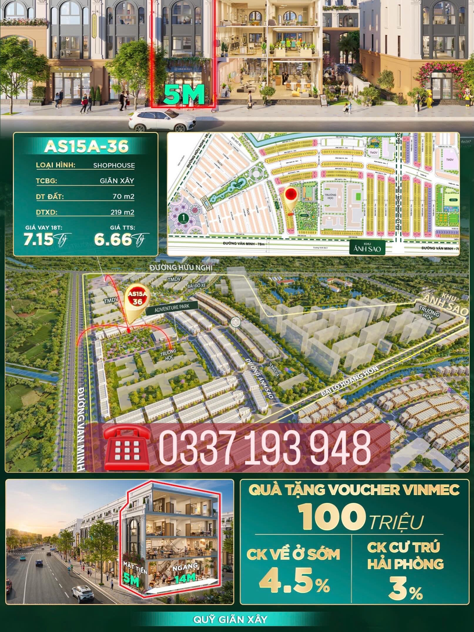 Bán shophouse 70m2 view công viên AS15A-36 khu Ánh Sao Vinhomes Dương Kinh Hải Phòng.