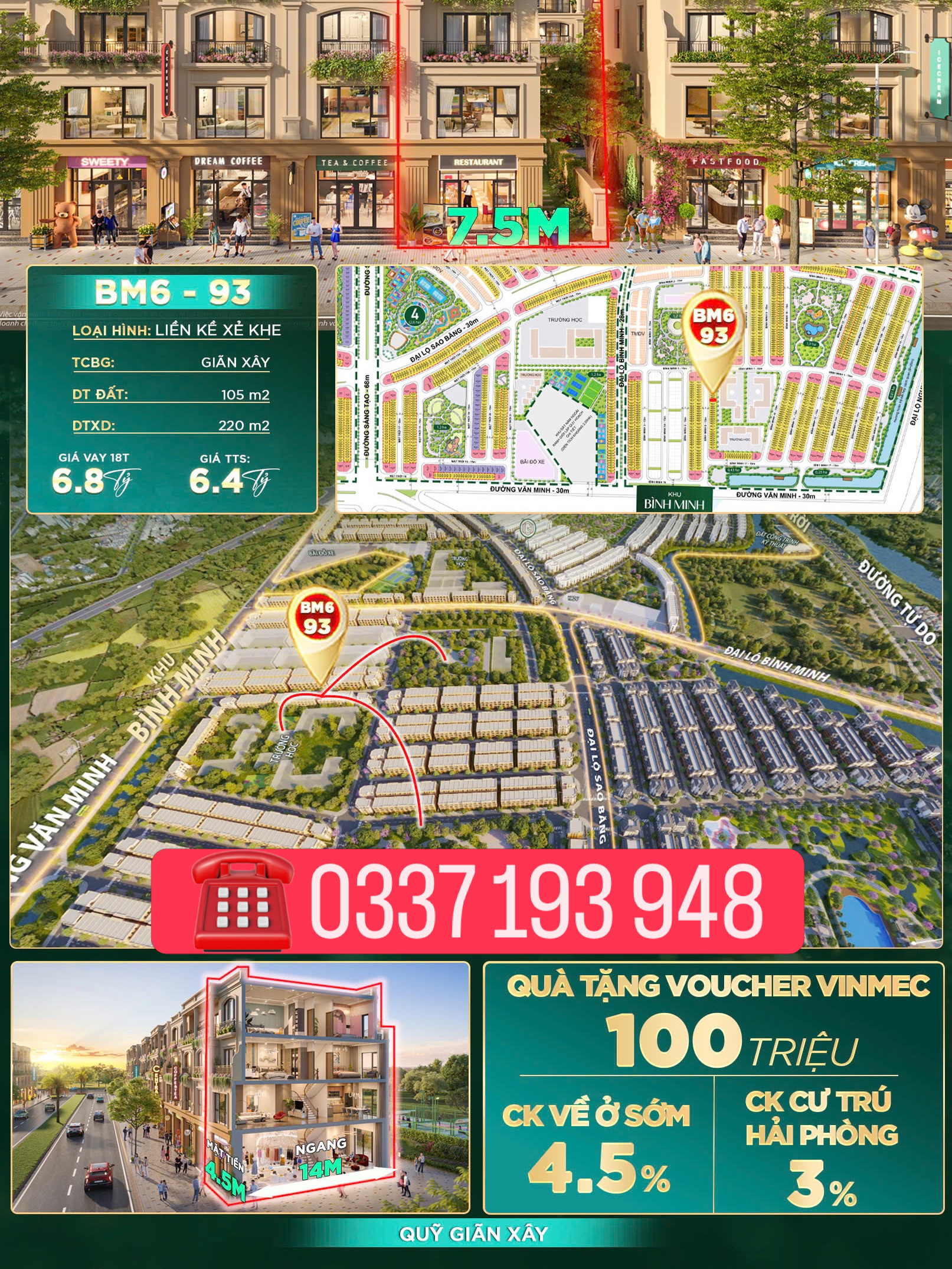Bán căn liền kề xẻ khe 105m2 BM6-93 khu Bình Minh Vinhomes Dương Kinh Hải Phòng.