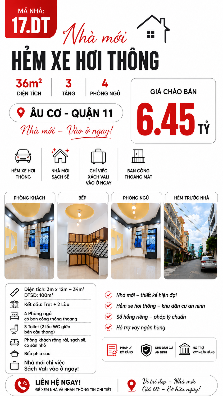 🏡 NHÀ MỚI ÂU CƠ – Q.11 - 36m2 | HẺM XE HƠI THÔNG | 4PN | 3 TẦNG | Mã 17.DT