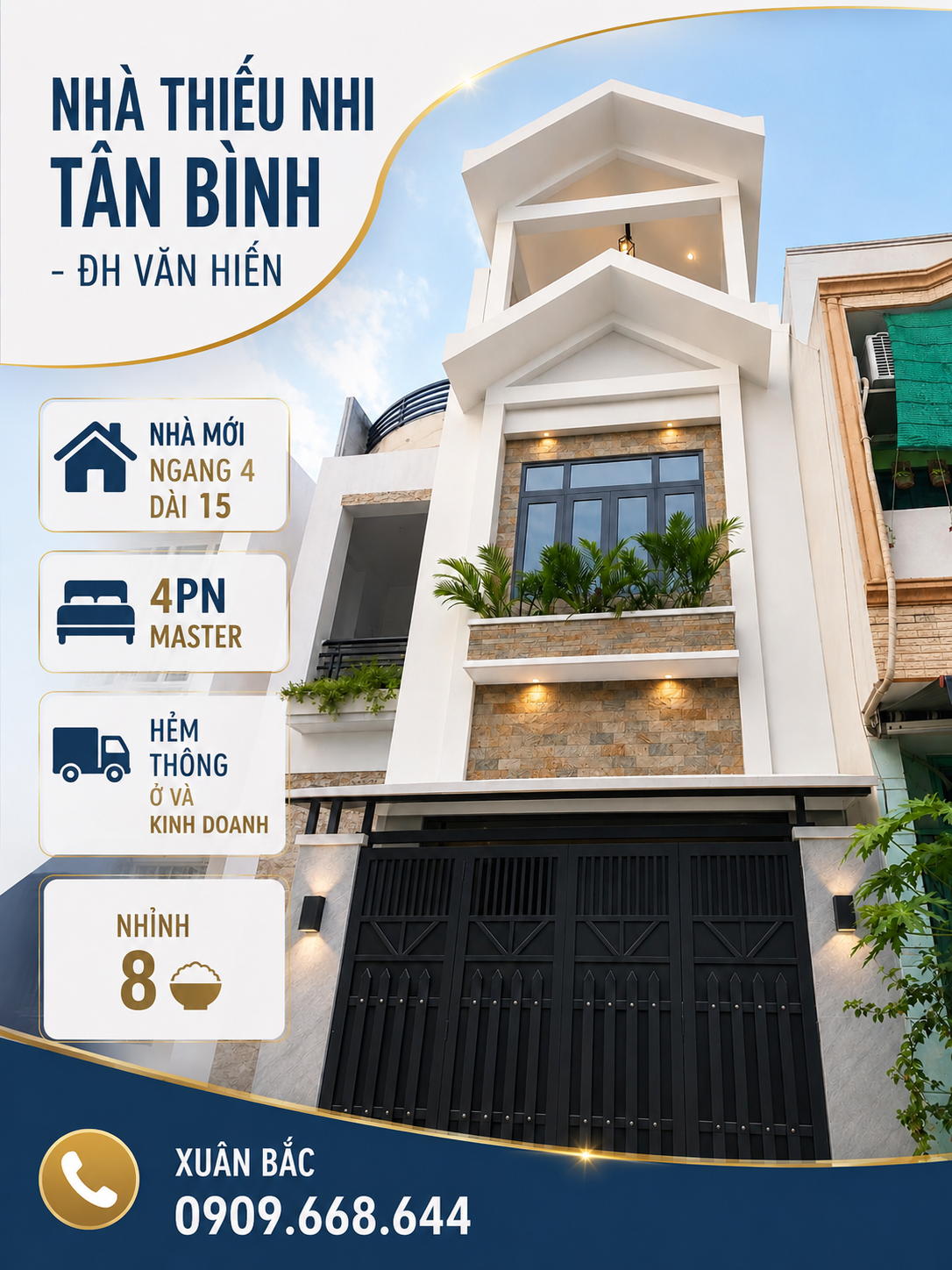 NHÀ THIẾU NHI TÂN BÌNH - ĐH VĂN HIẾN 
MỚI 100% NGANG 4 DÀI 15 VỚI 4PN MASTER 
HẺM 🚛 THÔNG Ở VÀ KINH DOANH (PLN)