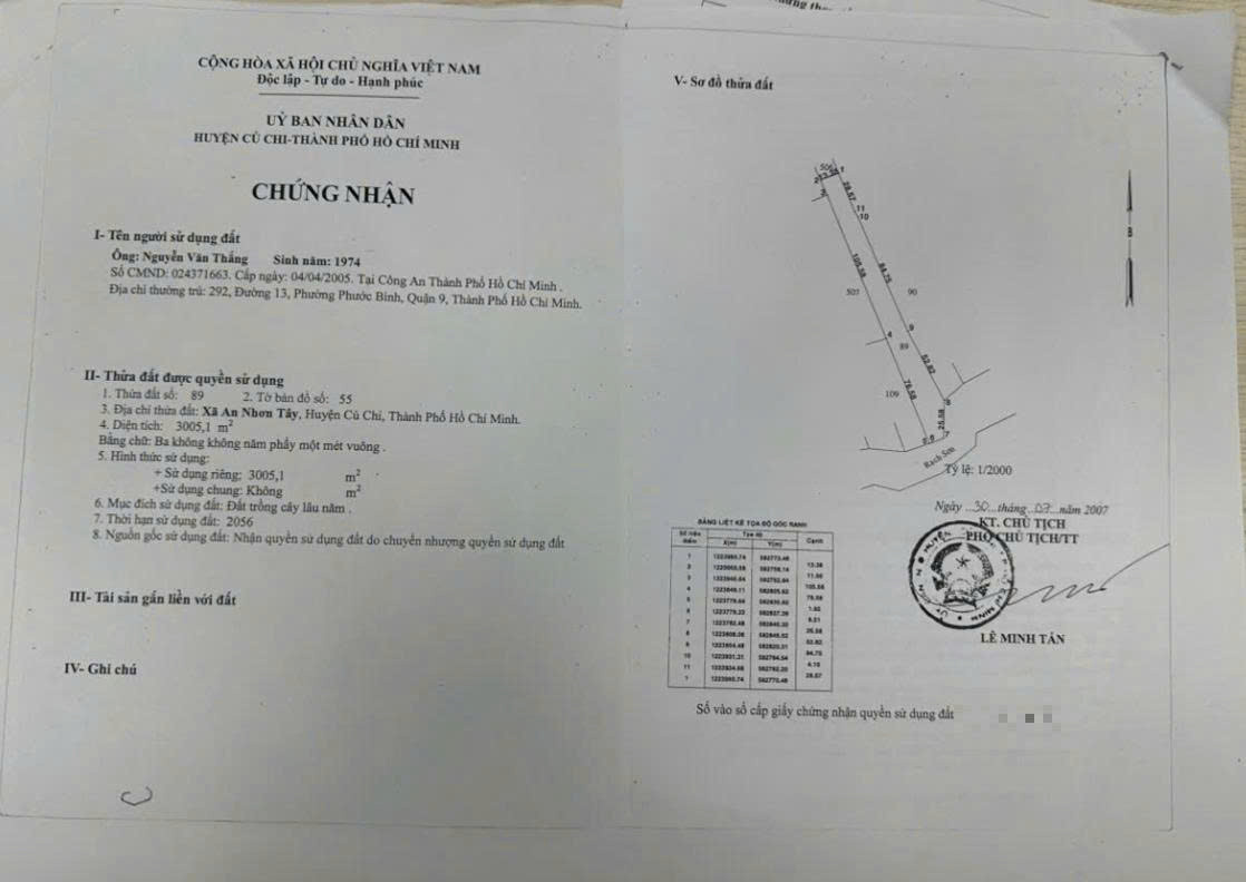 Bán đất thổ cư sát đường Bến Đình xã An Nhơn Tây Củ Chi TPHCM, DT: 3005m2..