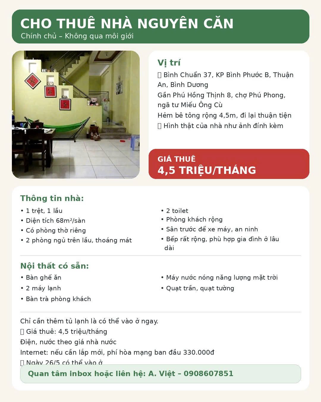Nhà nguyên căn chính chủ gần ngã tư miếu ông Cù