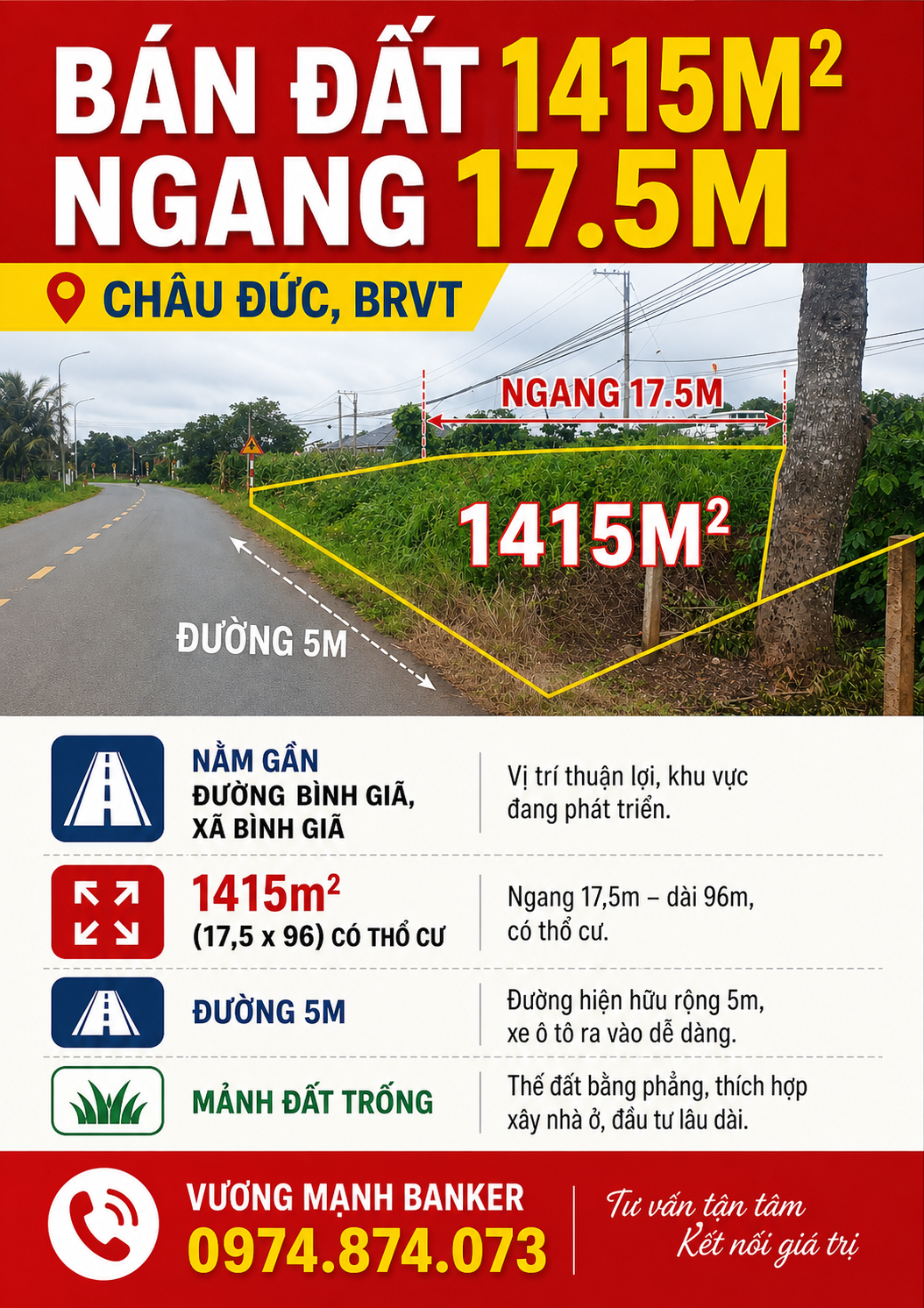 BÁN ĐẤT 1415M², NGANG 17.5M, CHÂU ĐỨC, BRVT