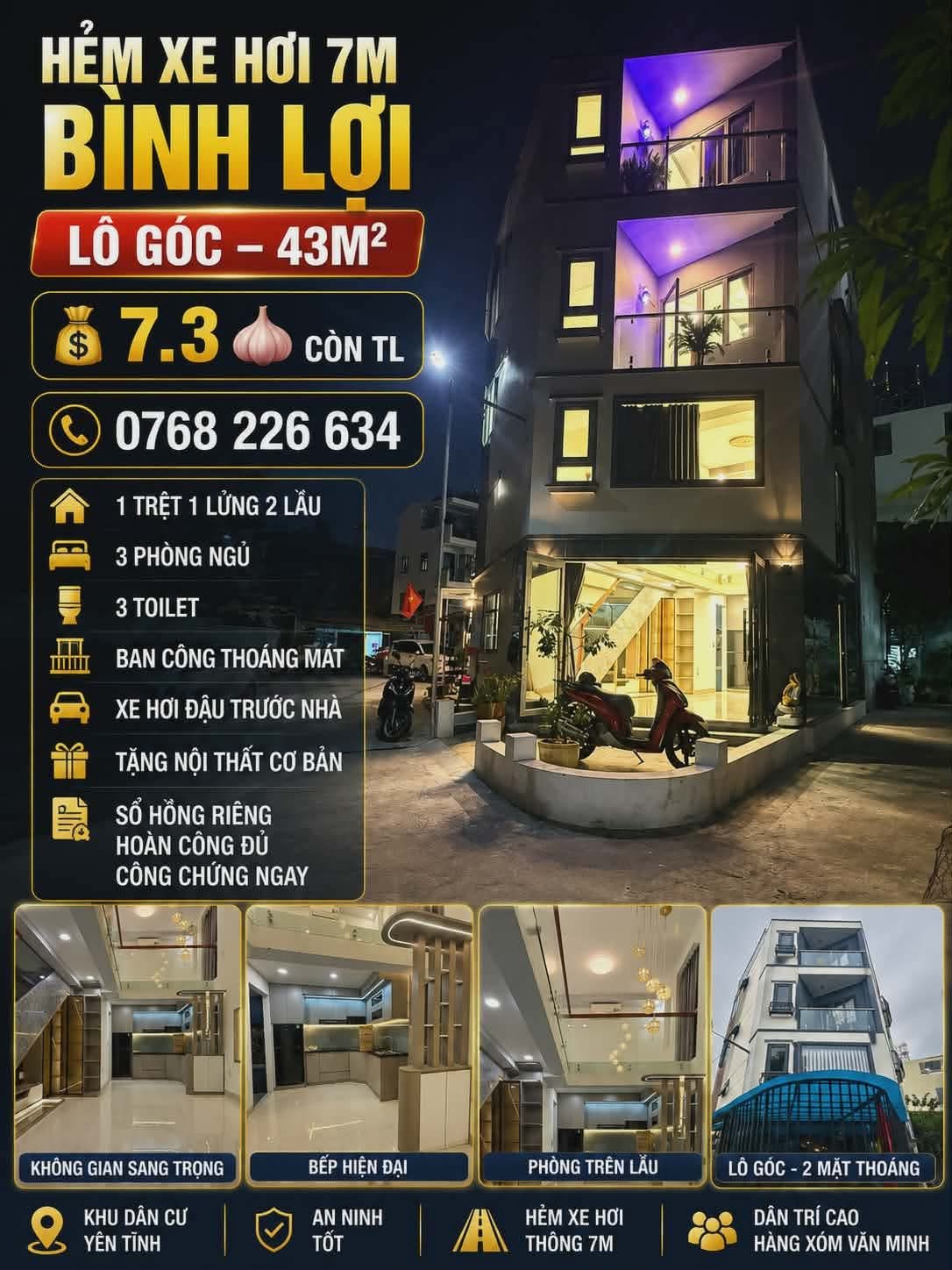 HẺM XE HƠI 7M BÌNH LỢI, P13 BÌNH THẠNH. LÔ GÓC. 43M². 💰7.3🧄 CÒN TL. 📱0768 226 634