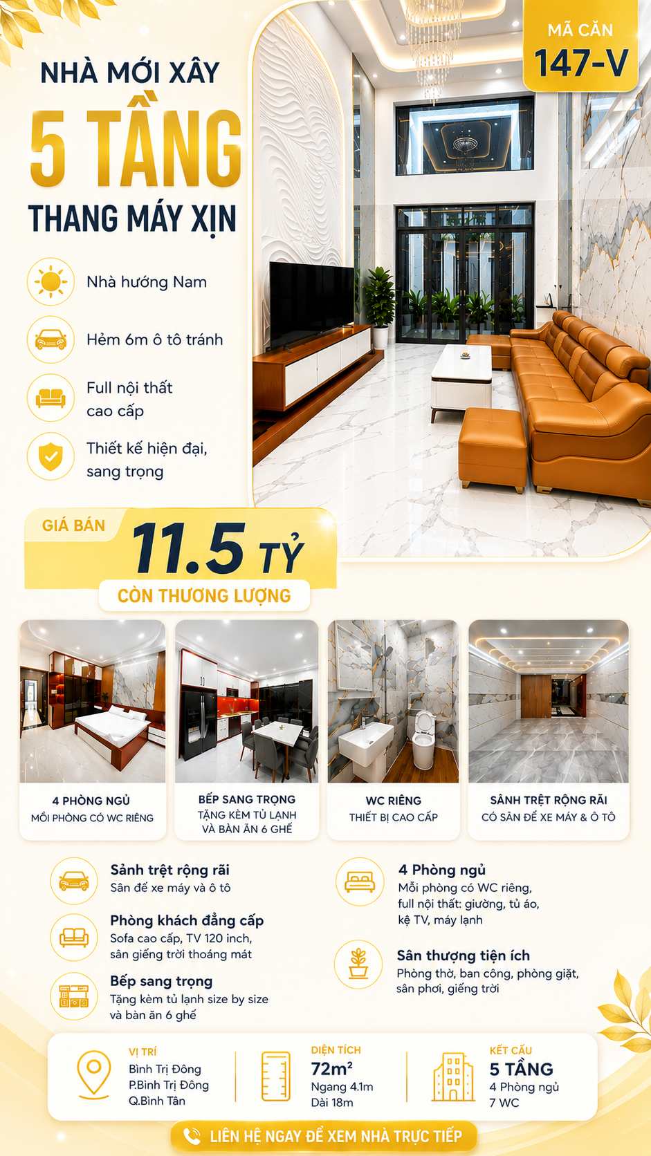 147-V | Nhà mới keng - 72m2 - 5 tầng - có thang máy - Hẻm 6m - Bình Trị Đông - Nội thất cao cấp đầy đủ và nhiều nội thất tặng thêm