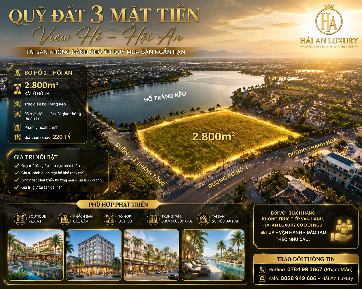 Bán quỹ đất 2.800m² 3 mặt tiền view hồ tại Hội An | Phù hợp khách sạn – resort – thương mại