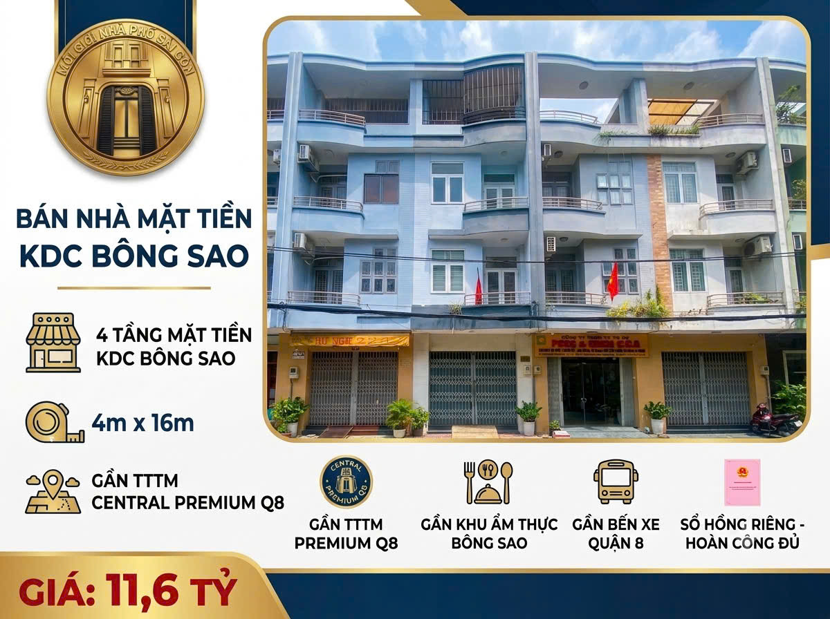 MẶT TIỀN 4 TẦNG KDC BÔNG SAO, GẦN TTTM CENTRAL PREMIUM TẠ QUANG BỬU, SHR, HOÀN CÔNG ĐỦ