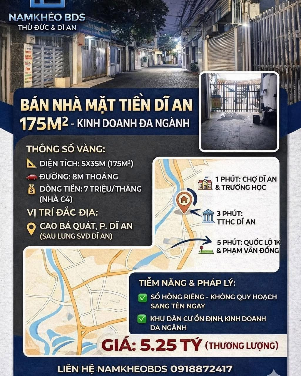 MẶT TIỀN KINH DOANH DĨ AN 175M2, ngang 5m đầu tư bền vững . Giá 5.25 tỷ TL