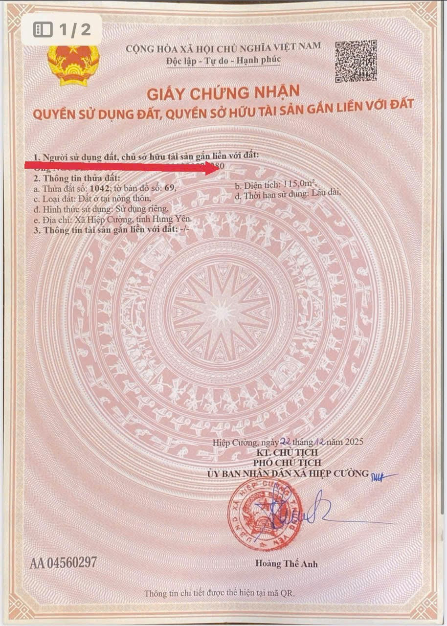 Bán đất 115m² ngang 5m giá 2.65 tỷ Xã Hiệp Cường
