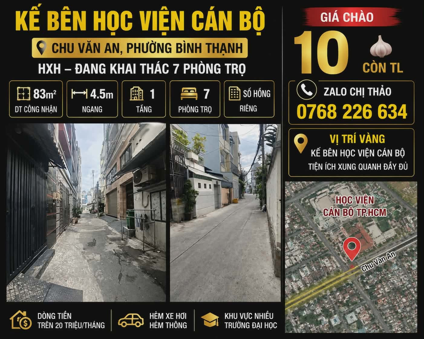 🏡 KẾ BÊN HỌC VIỆN CÁN BỘ. CHU VĂN AN. HXH. 83M². 💰10🧄 CÒN TL
💰 10🧄 còn TL
📱 0768 226 634