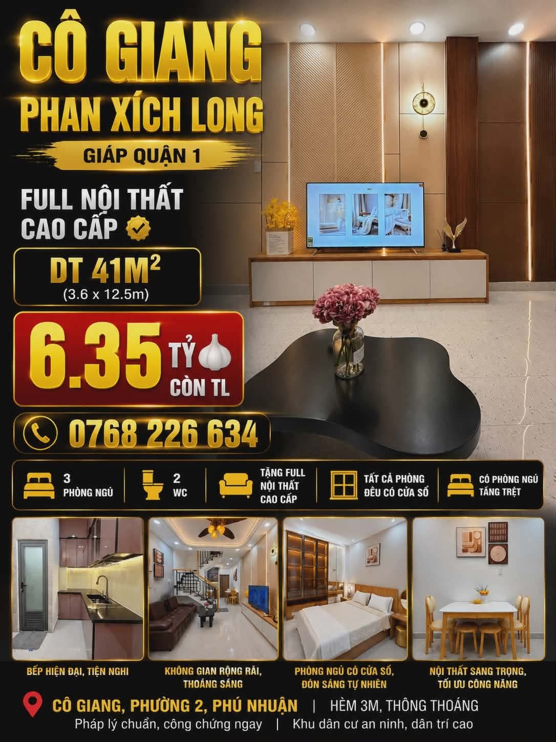 Cô Giang, khu Phan Xích Long, giáp Quận 1. Full nội thất cao cấp. 41m². 💰6.35🧄 còn TL. 📱0768 226 634