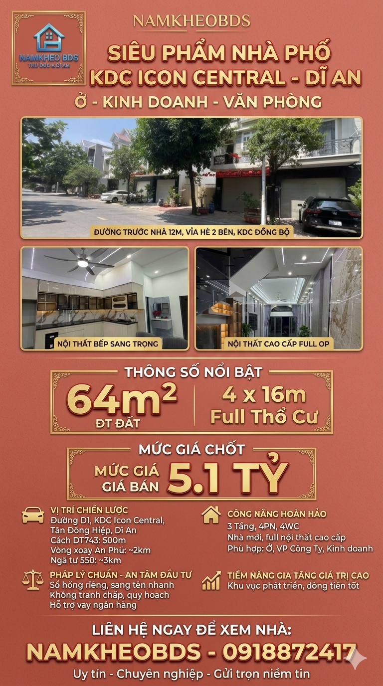 CHO THUÊ HOẶC AN CƯ - NÂNG TẦM CHẤT LƯỢNG SỐNG GIA ĐÌNH VỚI NHÀ PHỐ KDC ICON CENTRAL 64M2 3 TẦNG GIÁ 5.1 TỶ