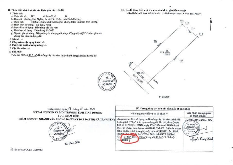 BÁN ĐẤT 1008m2 , NGANG 17.5mTHOOR CƯ 378m2 GÚA 8 tỷ TẠI HỘI NGHĨA TÂN UYÊN