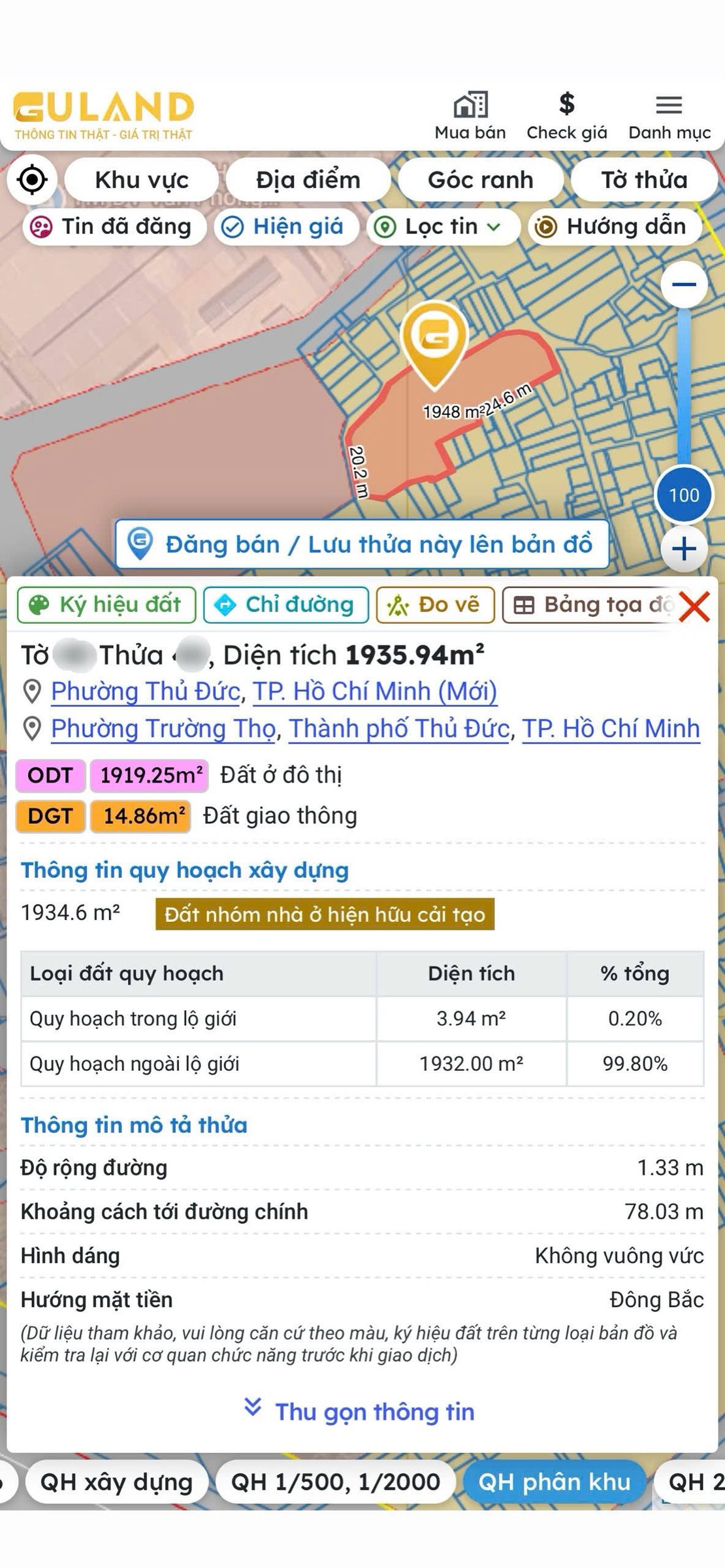 Bán đất 1900m² có sẵn 1353m² thổ cư ngang 35m giá 65 tỷ tại đường Đặng Văn Bi Phường Thủ Đức