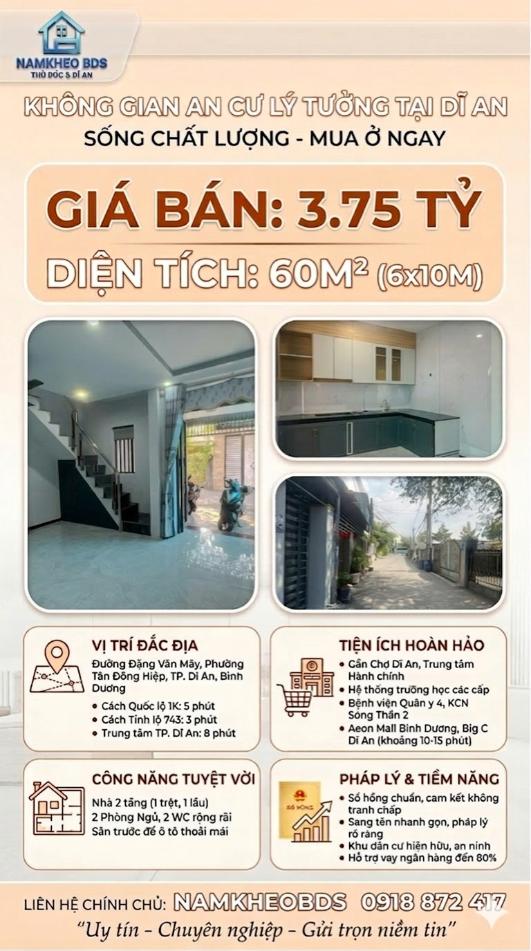 TẠI SAO TIỀN THUÊ NHÀ HAY MUA CHUNG CƯ NGỘT NGẠT KHI CHỈ 3.75 TỶ ĐÃ SỞ HỮU TỔ ẤM CÓ CHỖ ĐẬU Ô TÔ RỘNG RÃI TẠI DĨ AN 60M2 6X10M