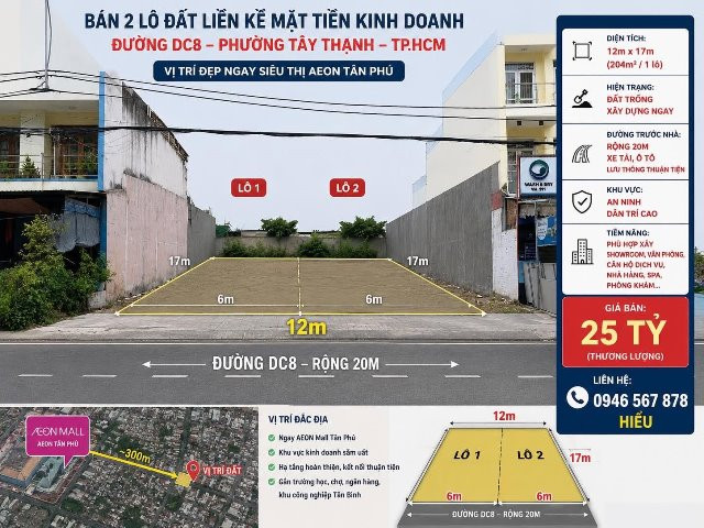 BÁN 2 LÔ ĐẤT LIỀN KỀ MẶT TIỀN KINH DOANH DC8 – TÂY THẠNH – TP.HCM