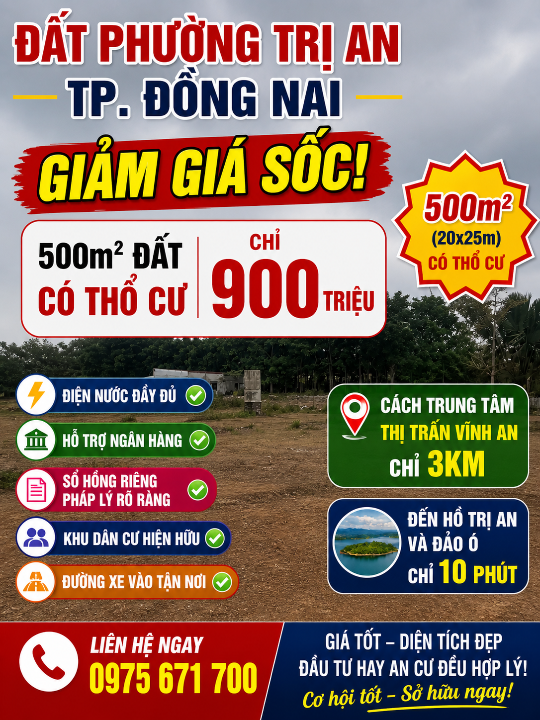 ĐẤT THỊ TRẤN VĨNH AN – PHƯỜNG TRỊ AN, TP ĐỒNG NAI - 500m2 có thổ cư chỉ 900tr