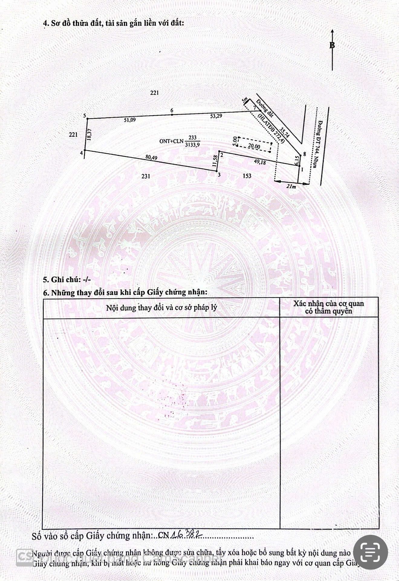 ĐẤT MT ĐT 744 
Diện tích 3133,9m2 thổ cư 100m2