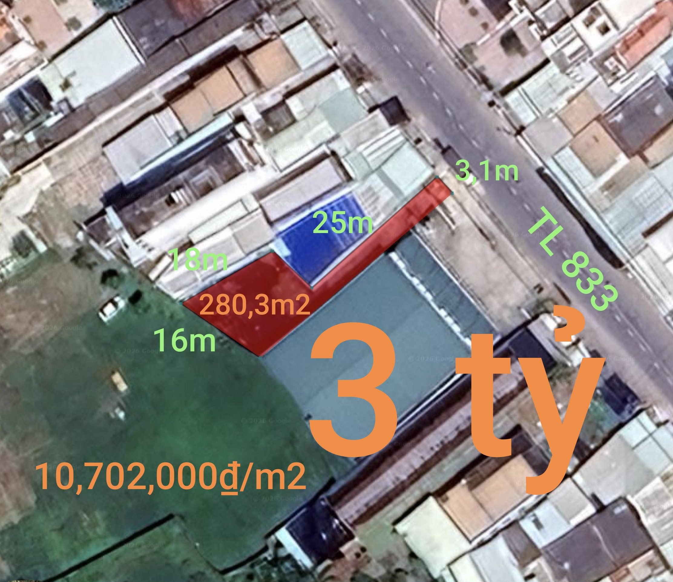 Bán Đất 280.3m2 có sẵn 280.3 m2 thổ cư giá 3 tỷ tại Đường Đt 833 Xã Lạc Tấn Huyện Tân Trụ Long An
