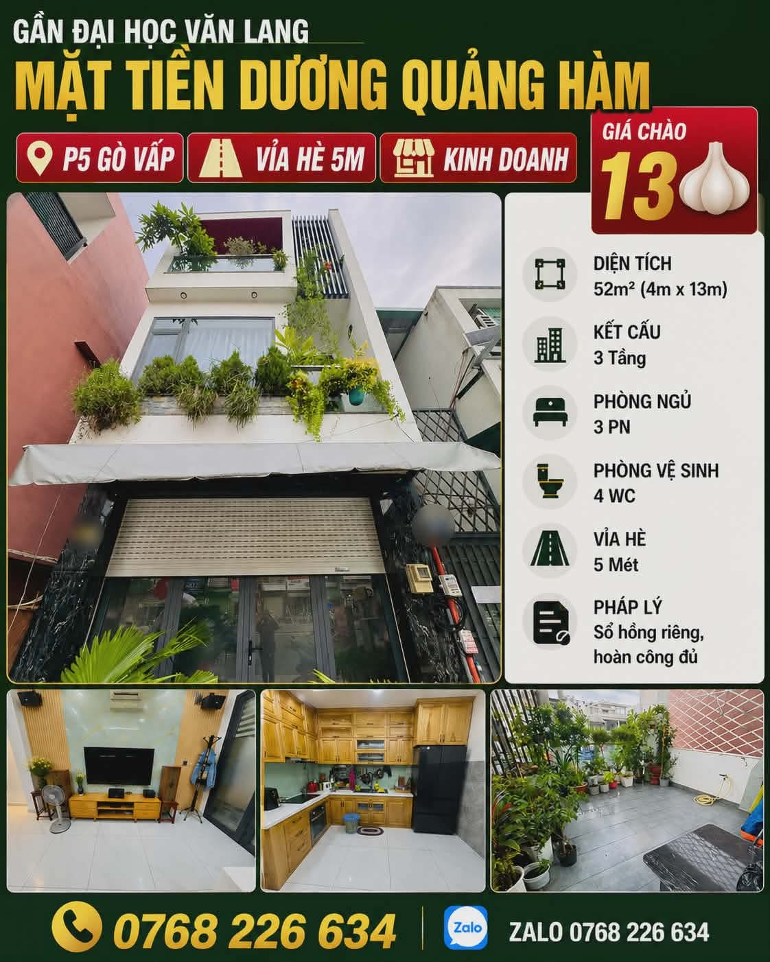 🏡 GẦN ĐẠI HỌC VĂN LANG, MẶT TIỀN DƯƠNG QUẢNG HÀM, P5 GÒ VẤP, VỈA HÈ 5M, 💰 13🧄, 📱 0768 226 634