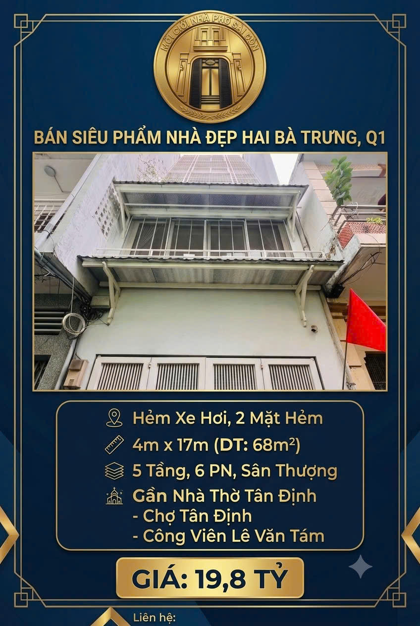 Q.1, HXH HAI BÀ TRƯNG, GẦN NHÀ THỜ TÂN ĐỊNH, 5 TẦNG, 70M2, GẦN MẶT TIỀN, SHR, HOÀN CÔNG ĐỦ