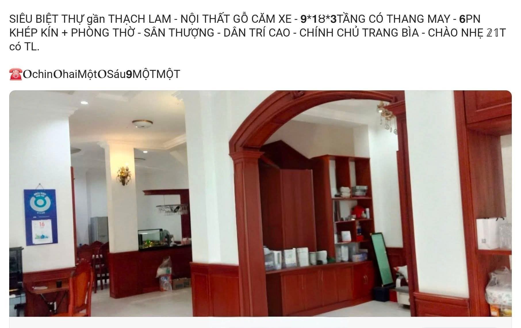 SIÊU BIỆT THỰ gần THẠCH LAM - NỘI THẤT GỖ CĂM XE - 𝟵*𝟭Ȣ*𝟯TẦNG CÓ THANG MAY - 𝟲PN KHÉP KÍN + PHÒNG THỜ - SÂN THƯỢNG - DÂN TRÍ CAO - CHÍNH CHỦ TRANG BÌA - CHÀO NHẸ 𝟚𝟙T có TL. 

☎𝚶chin𝚶haiMột𝚶Sáu𝟵MỘTMỘT