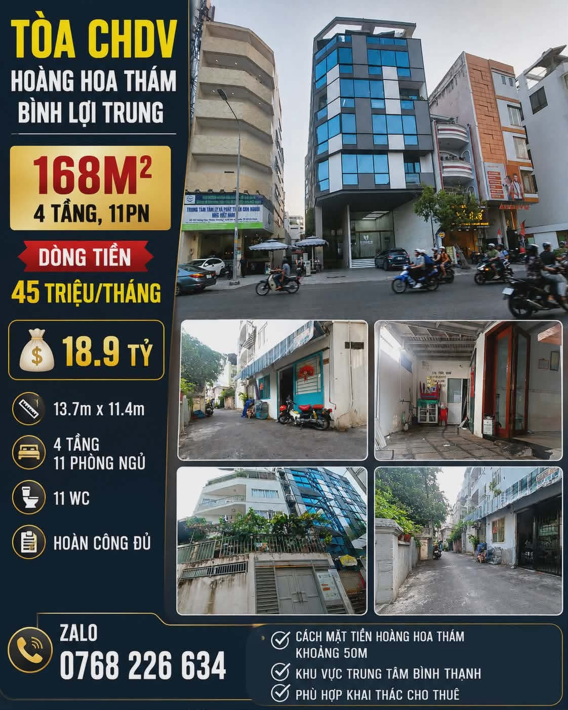 HOÀNG HOA THÁM, BÌNH LỢI TRUNG, 168M², 4T, 11PN, DÒNG TIỀN 45TR/THÁNG 💰 18.9🧄 📱 0768 226 634