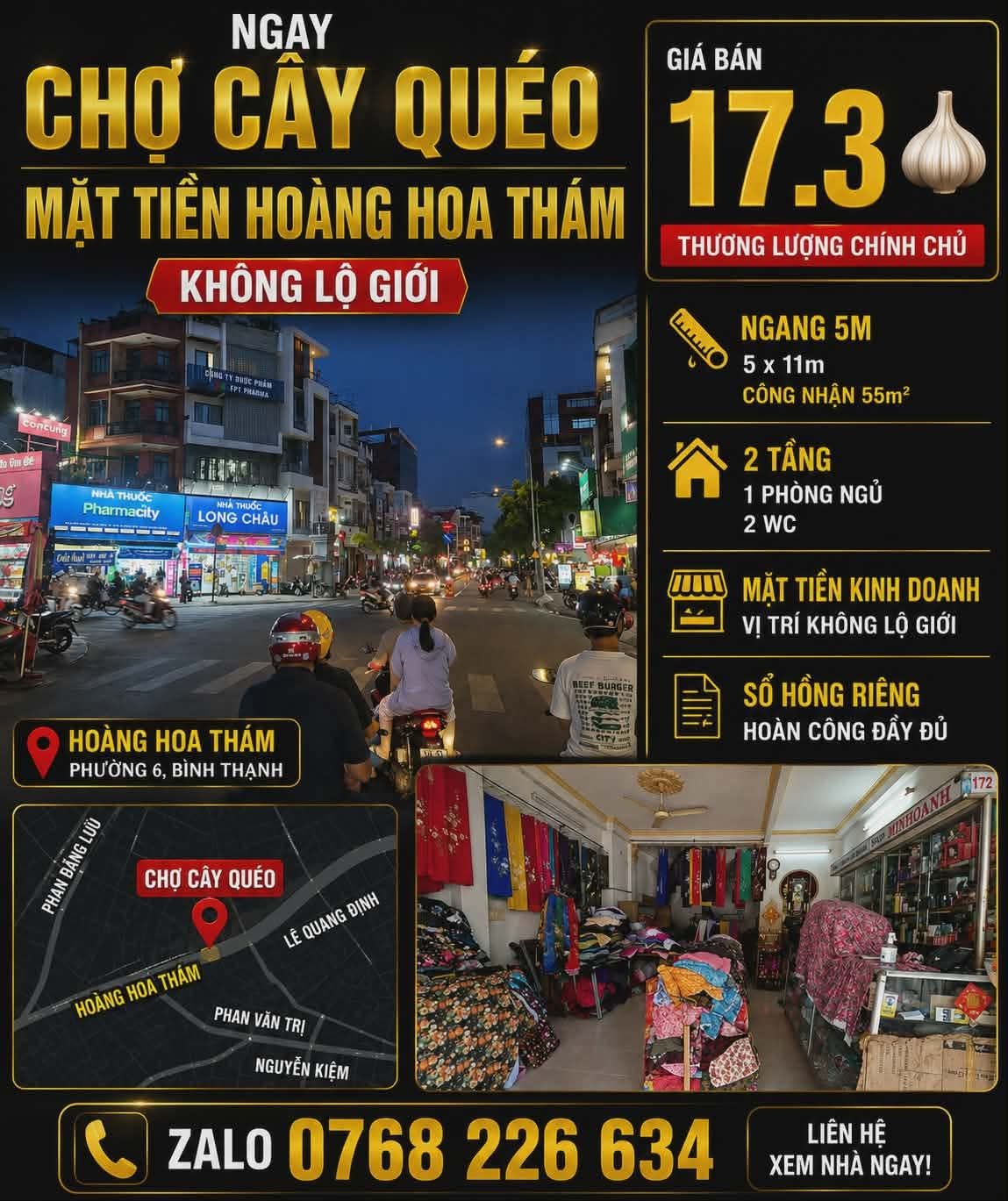 🏡 NGAY CHỢ CÂY QUÉO, MẶT TIỀN HOÀNG HOA THÁM, NGANG 5M, 55M², 💰17🧄3 📱0768 226 634