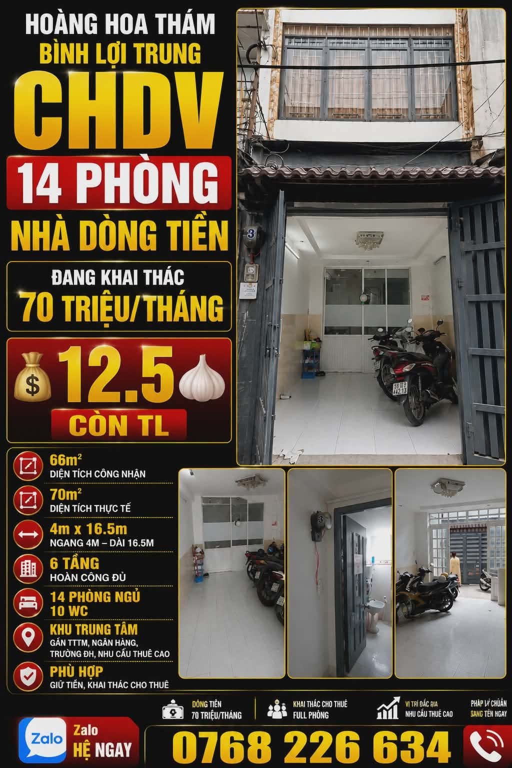 🏡 HOÀNG HOA THÁM, BÌNH LỢI TRUNG, CHDV 14PN, DÒNG TIỀN 70TR/THÁNG,70 m, 💰 12.5🧄 📱 0768 226 634