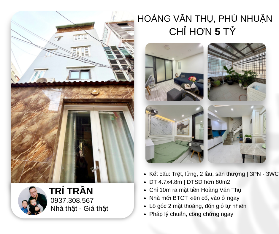 💰 CHỈ HƠN 5 TỶ – NHÀ MỚI 5 TẦNG BTCT – LÔ GÓC THOÁNG MÁT – HOÀNG VĂN THỤ PHÚ NHUẬN