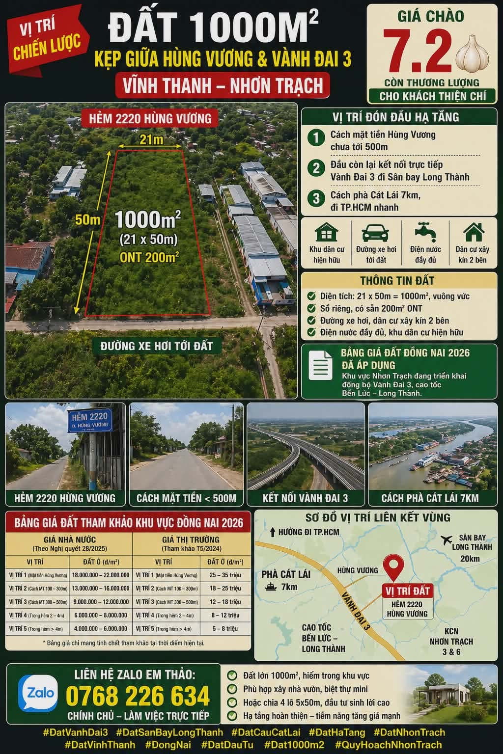 Bán Đất 1008m² thổ cư 200m² giá 7.2 tỷ tại Đường Hùng Vương Xã Vĩnh Thanh Huyện Nhơn Trạch Đồng Nai