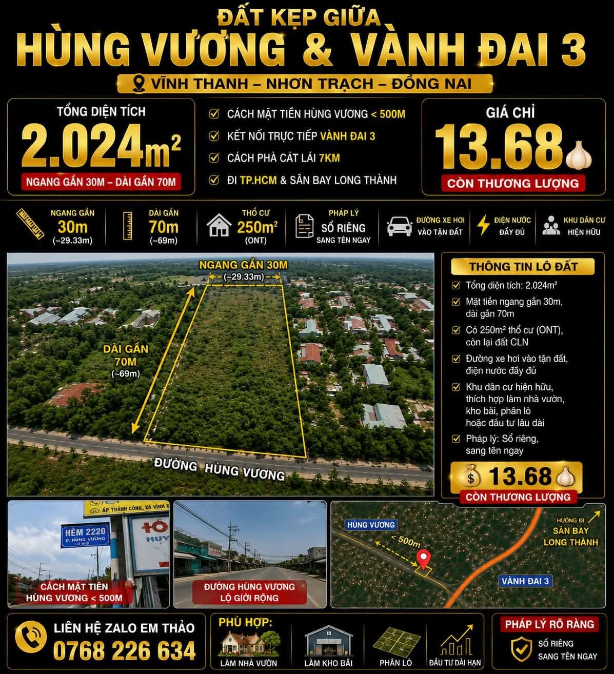 Bán Đất 2024m2 có sẵn 250 m2 thổ cư giá 13.68 tỷ tại Đường Hùng Vương Xã Vĩnh Thanh Huyện Nhơn Trạch Đồng Nai