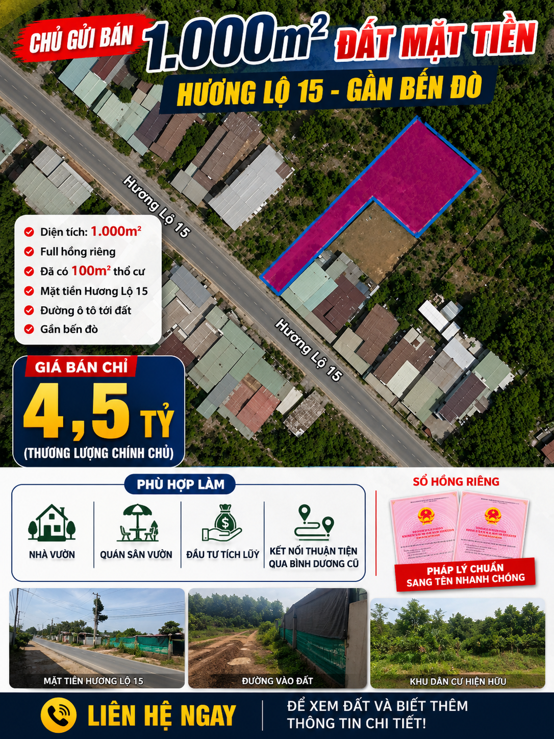 Bán Đất 1000m2, có 100m2 thổ cư hương lộ 15 phường Tân Triều TP Đồng Nai